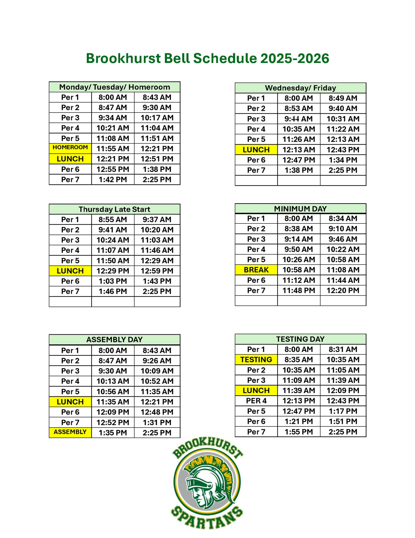 Brookhurst 2025-2026 Bell Schedule